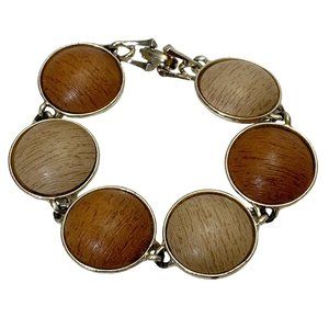 Vintage faux wood grain round link Bracelet lightweight gold MCM mid century